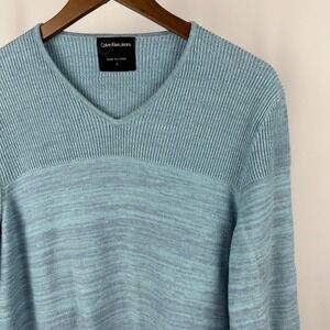 Calvin Klein Jeans Women's Sweater S Tight Knit Pullover Long Sleeve V Neck Blue